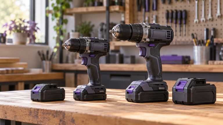 Two cordless drills and battery packs on a workshop bench