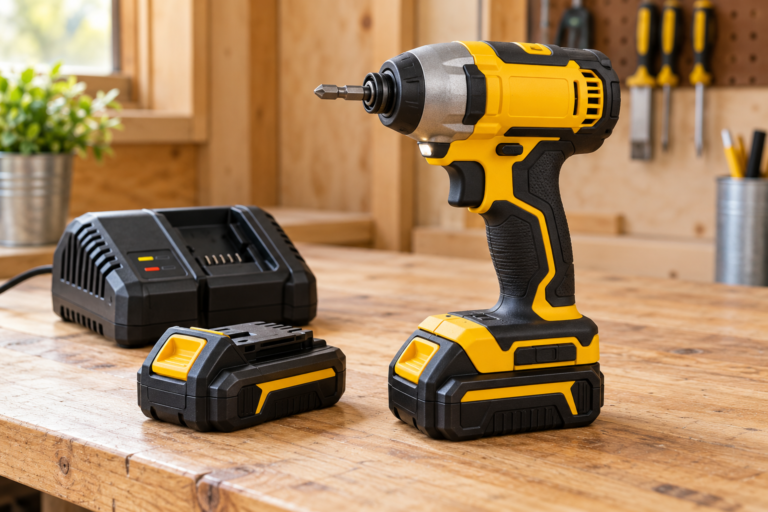 Generic compact cordless impact driver with battery and charger on a workshop bench; illustrative, not a photo of the DEWALT DCF850P1.