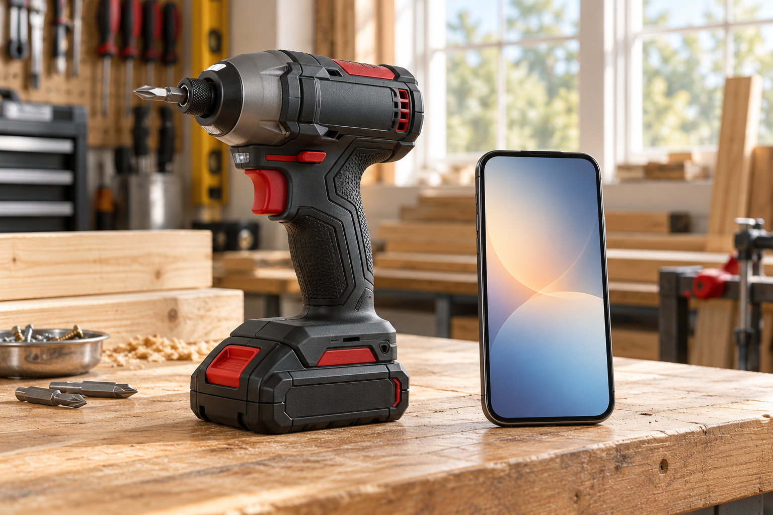 Generic cordless impact driver beside a smartphone on a workbench; illustrative image, not the Milwaukee 2957-20.