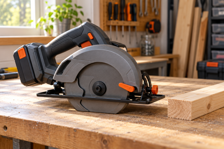 Generic cordless circular saw on a workbench; illustrative image, not the DEWALT DCS570B.