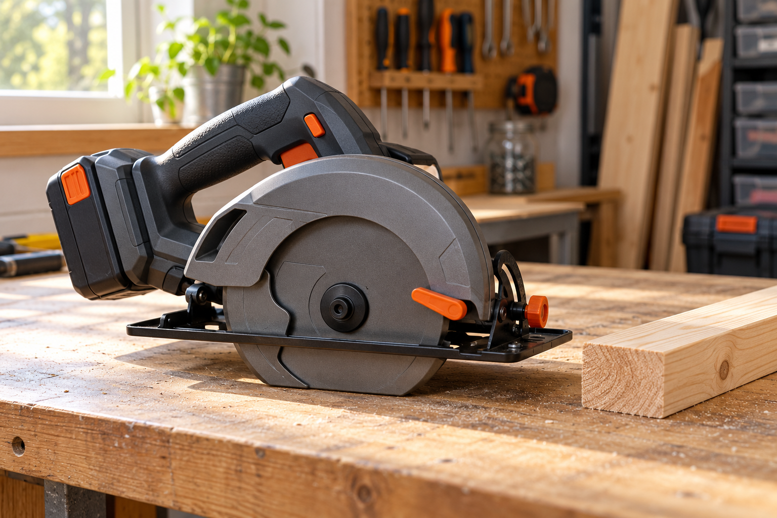 Generic cordless circular saw on a workbench; illustrative image, not the DEWALT DCS570B.