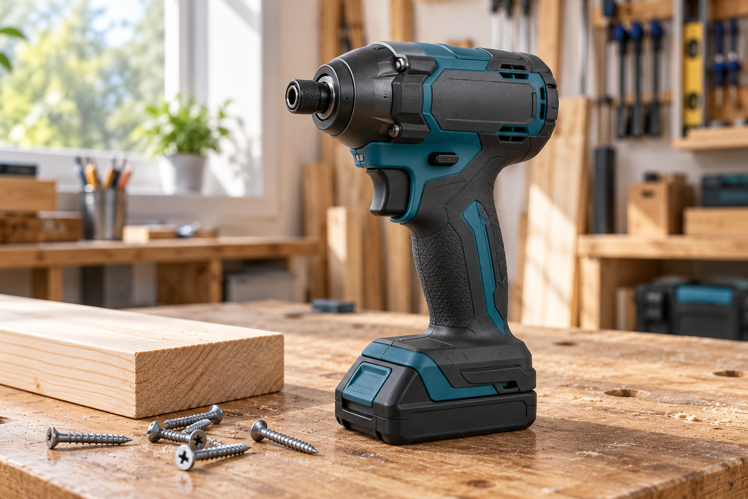 Generic compact cordless impact driver on a workbench; illustrative image, not the DEWALT DCF870B.
