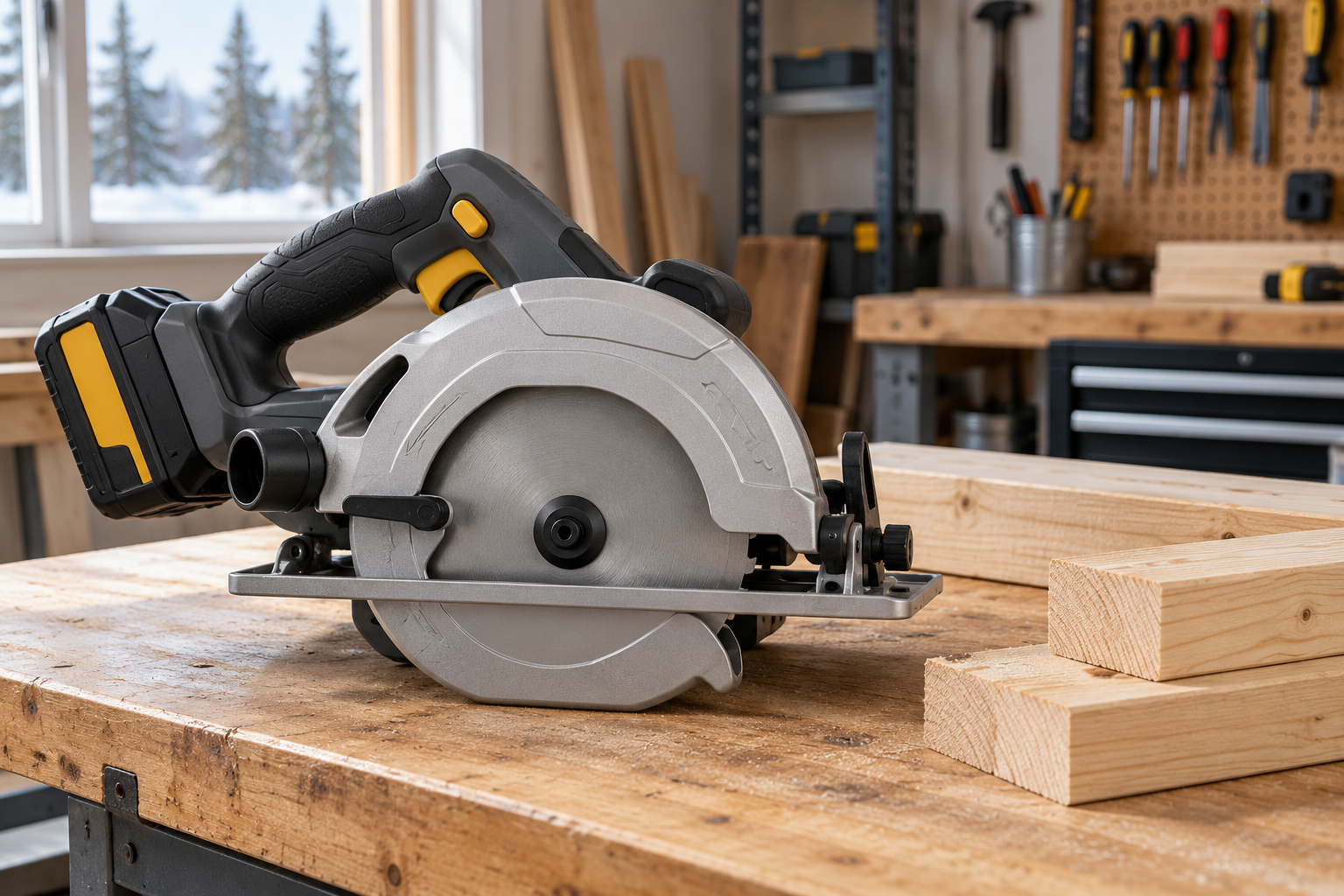 Generic cordless circular saw on a workshop bench; illustrative image, not the Milwaukee 2732-20.