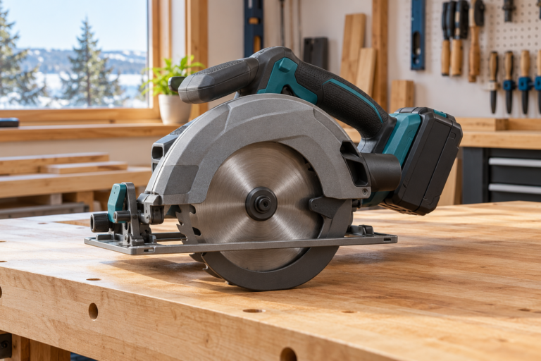Generic compact cordless circular saw on a workbench; illustrative image, not the DEWALT DCS565B.