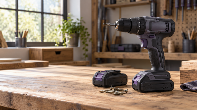 Unbranded cordless drill and battery on a workshop bench
